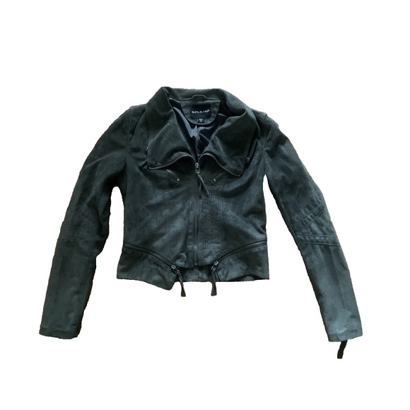 Solemio Moto Jacket Womens Small Green Faux Suede Gunge Punk Rock Coat - Picture 1 of 12